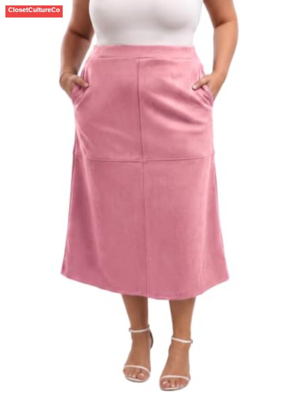 Faux Suede A-Line High Waist Midi Skirt with Pockets